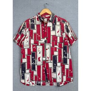 Tahitian Print Mens Red Japanese Motif Geometric‎ Button Up Shirt M Vintage